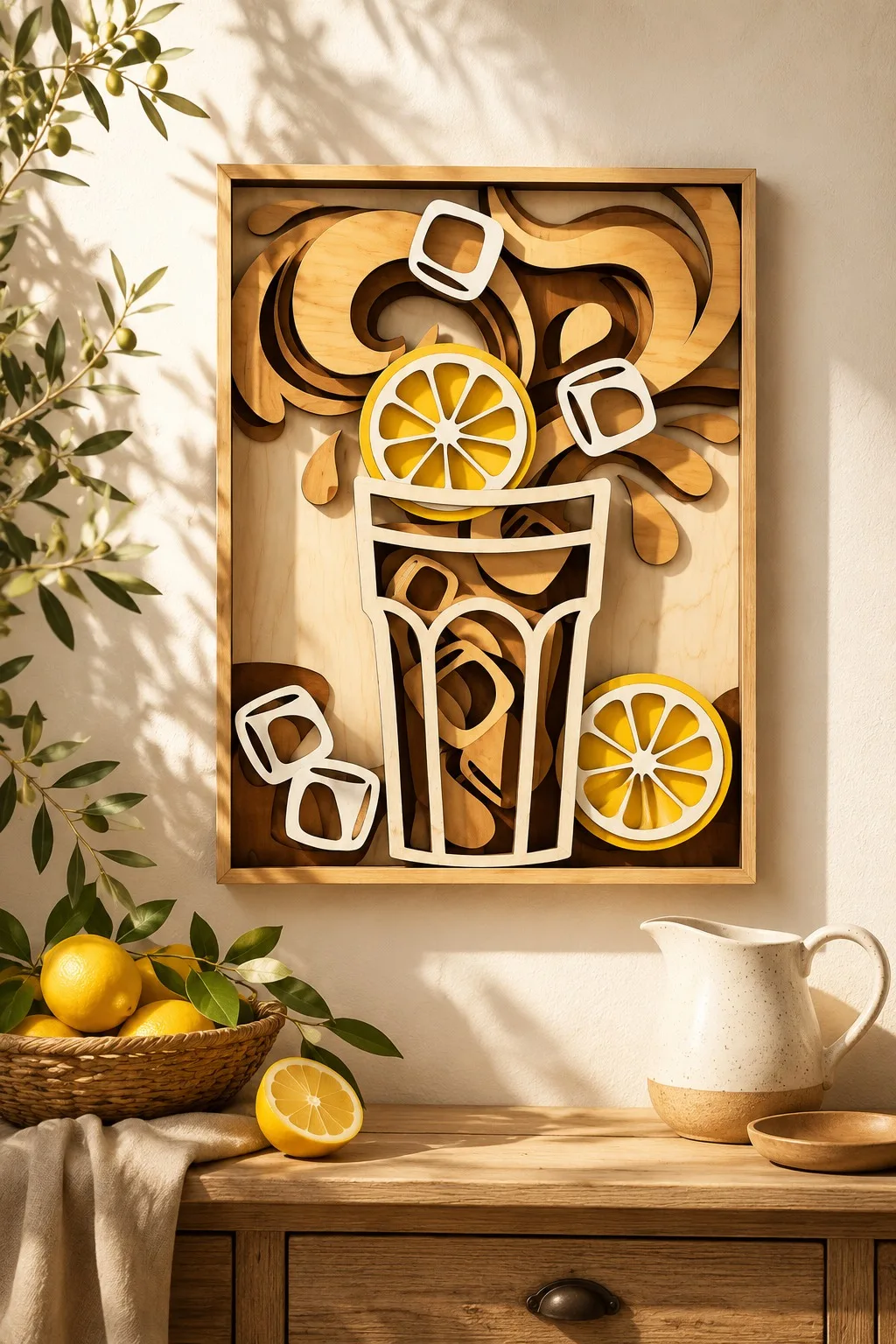A layered wooden iced drink wall panel with ice cubes and lemon wheels in natural wood tones, free laser cut SVG from svgdiy.com