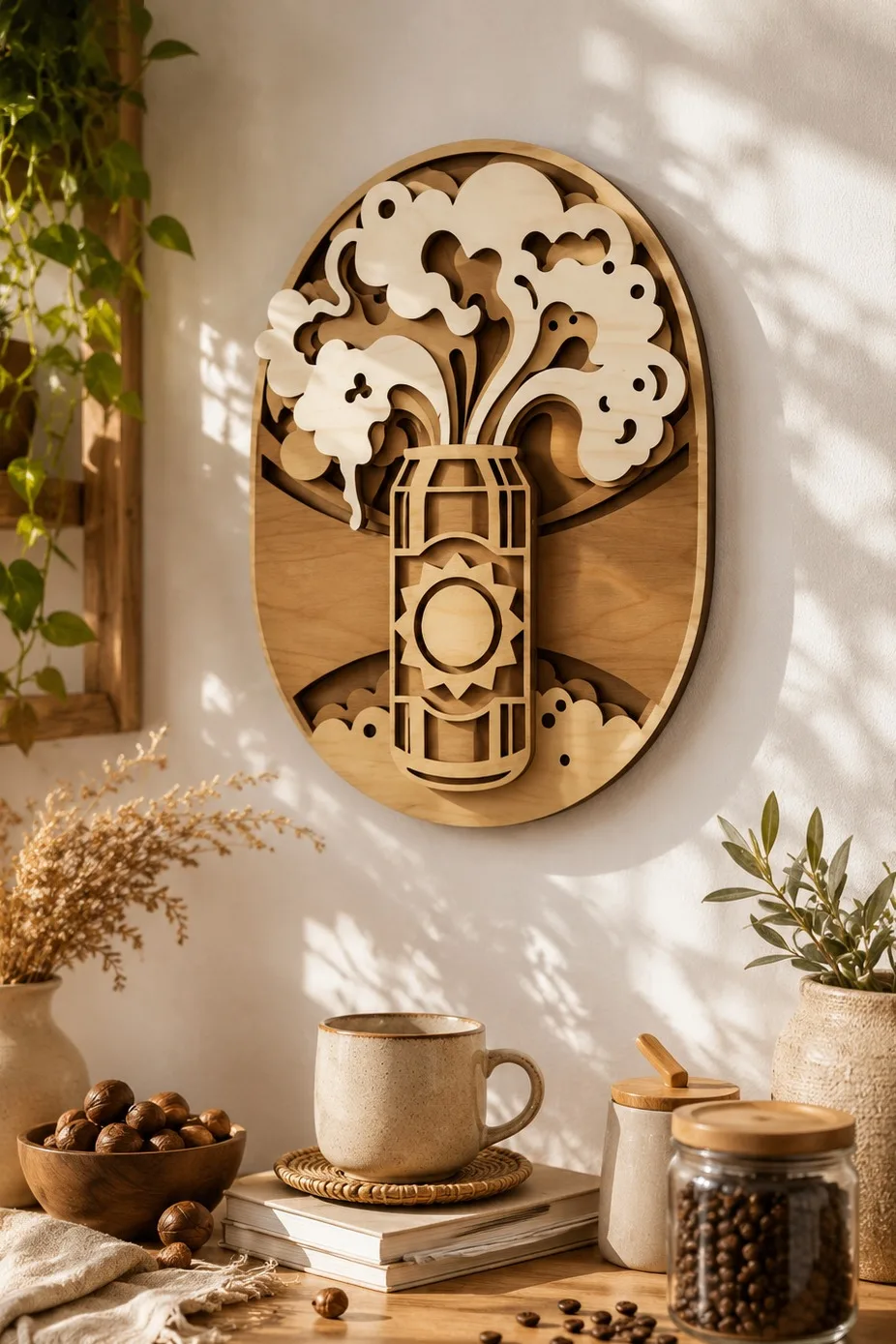 A layered wooden soda can wall panel with foam bursting out of the top, over a kitchen shelf, free laser cut SVG from svgdiy.com