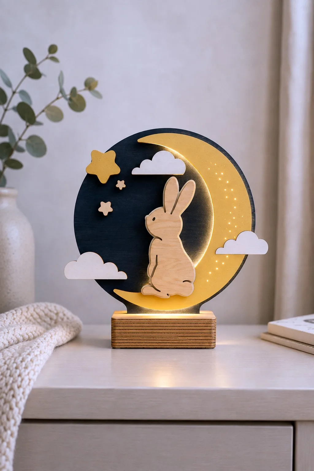 A wooden bunny sitting on a crescent moon pierced with pinholes of light, clouds and stars around it, free laser cut night light SVG from svgdiy.com