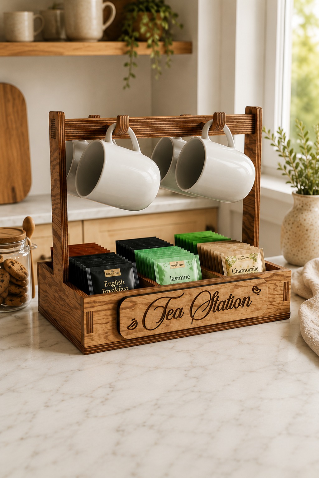 A dark wooden tea station caddy with an engraved front plate, three compartments of tea bags and two mugs hanging from a rail, free laser cut SVG from svgdiy.com