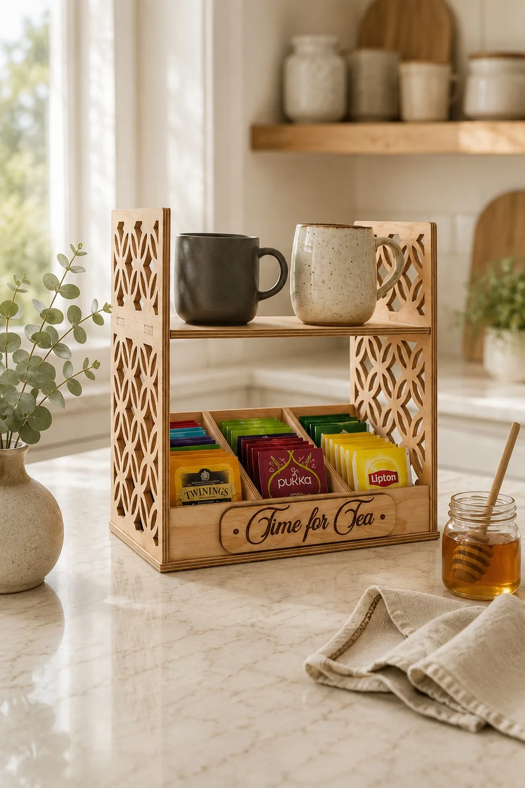A two-tier wooden tea shelf with fretwork side panels, mugs on the upper shelf and tea bags in compartments below, free laser cut SVG from svgdiy.com