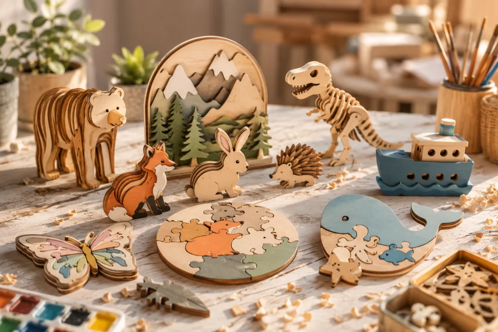 Laser cut wooden toys and puzzles for kids: a bear, a fox, a dinosaur, a boat and a whale puzzle
