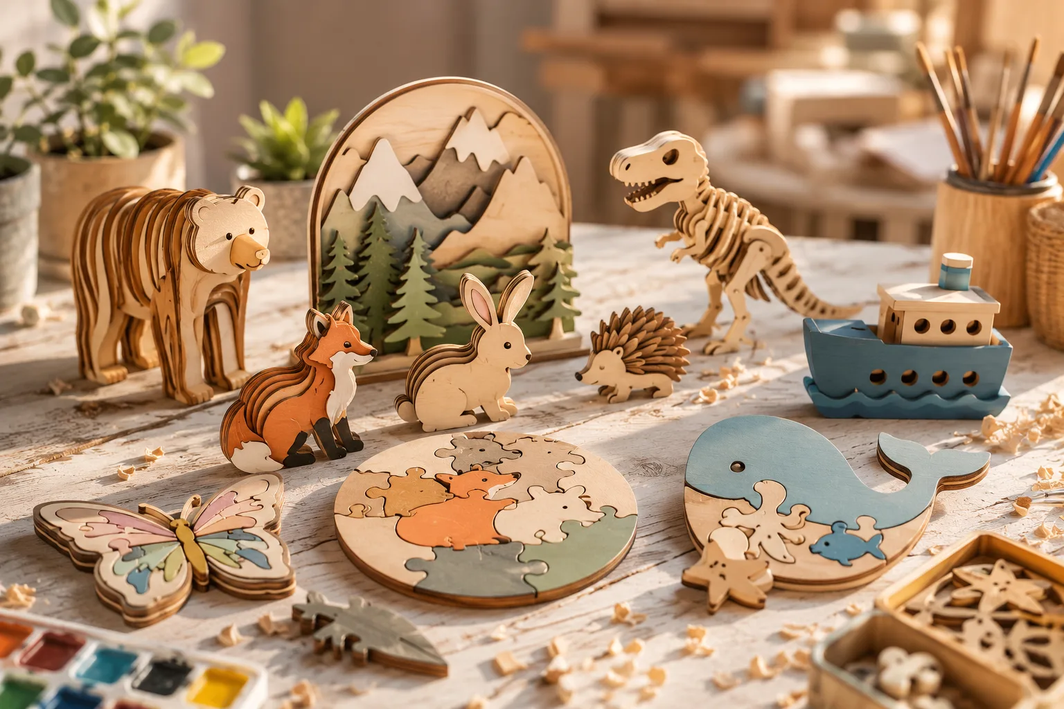 Laser cut wooden toys and games: a dinosaur puzzle, animals and play boards, free download link at svgdiy.com
