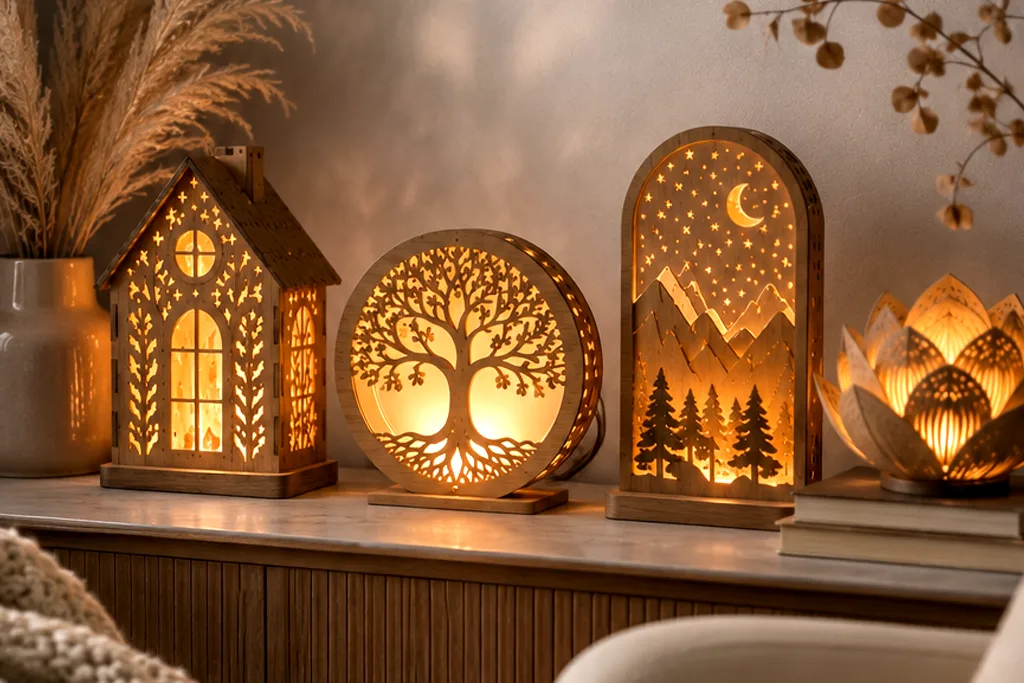 Laser cut lanterns and night lights glowing on a shelf, free download link at svgdiy.com