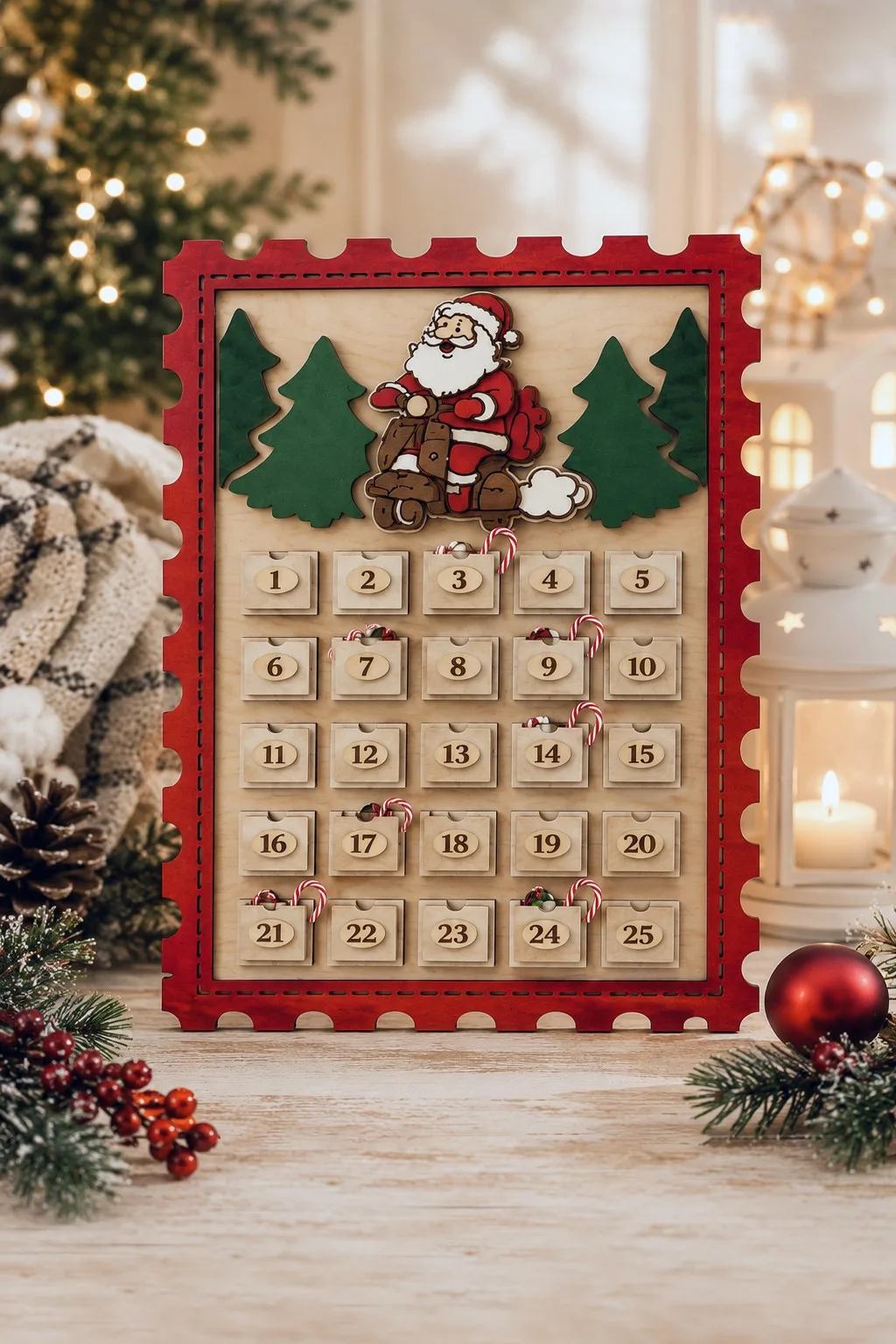 A wooden advent calendar shaped as a Christmas postage stamp with a perforated edge, Santa on a scooter and twenty-five drawers, free laser cut SVG from svgdiy.com