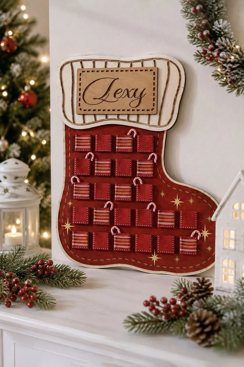 A red wooden advent calendar shaped as a Christmas stocking with a ribbed cuff, an engraved name plaque and drawers following the silhouette, free laser cut SVG from svgdiy.com