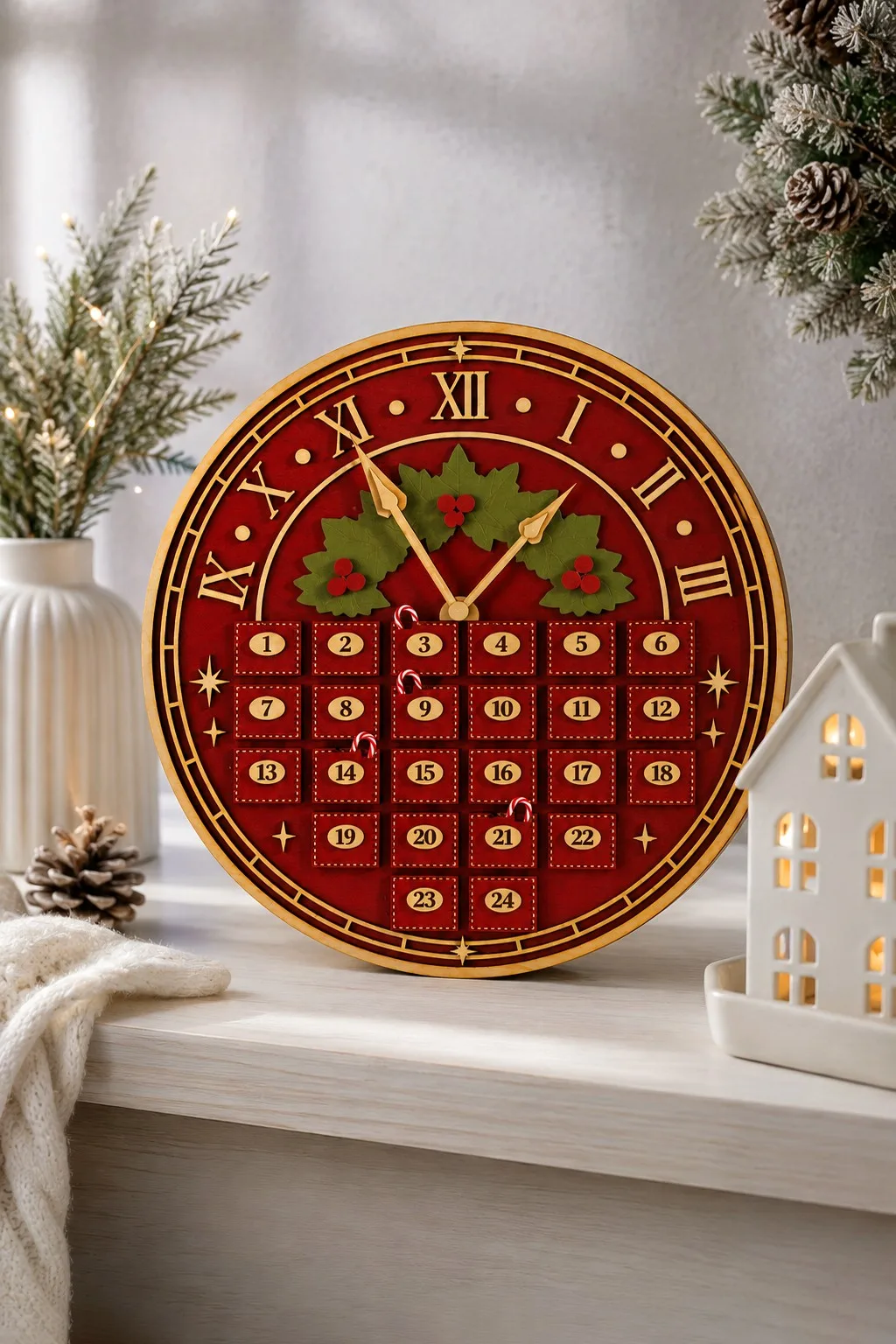A round wooden advent calendar shaped as a clock face with Roman numerals, holly and a grid of twenty-four drawers in the lower half, free laser cut SVG from svgdiy.com