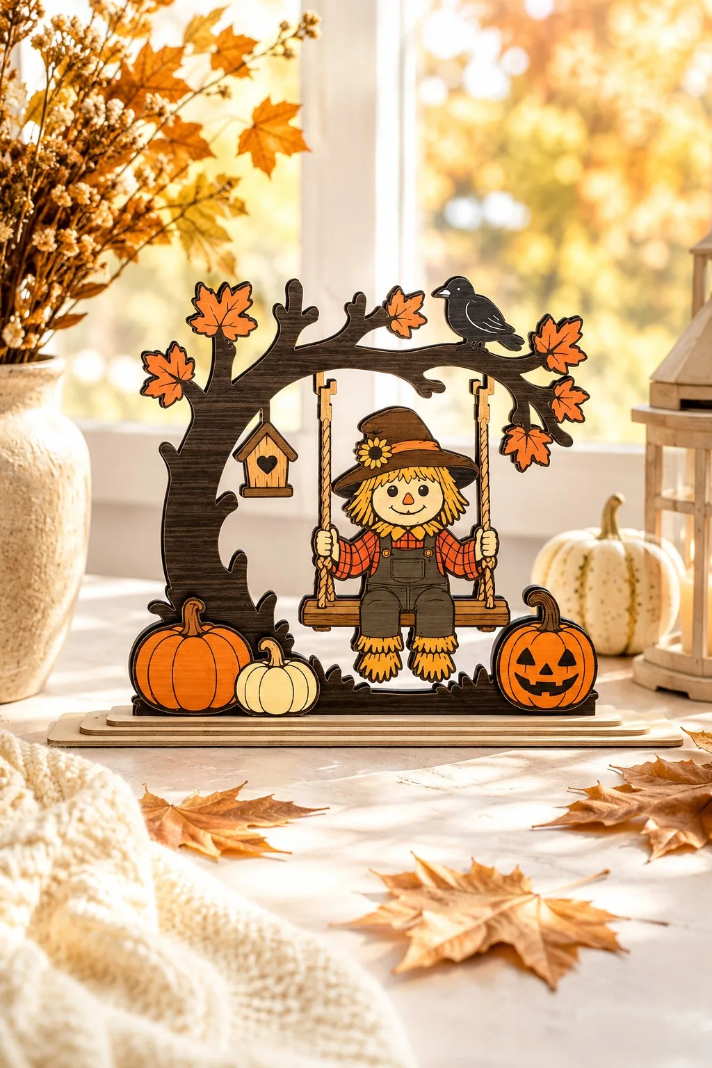 Layered wooden scarecrow on a plank swing under a tree with a crow, a birdhouse and pumpkins, free laser cut SVG from svgdiy.com