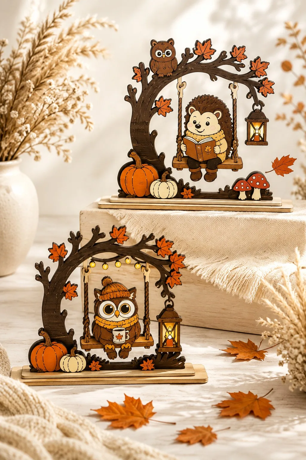 Two layered wooden shelf sitters, a hedgehog with a book and an owl, on tree swings with pumpkins, free laser cut SVG from svgdiy.com