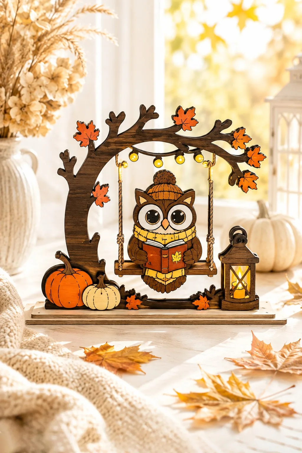 Layered wooden owl in a knitted hat reading a book on a tree swing with a lantern and pumpkins, free laser cut SVG from svgdiy.com