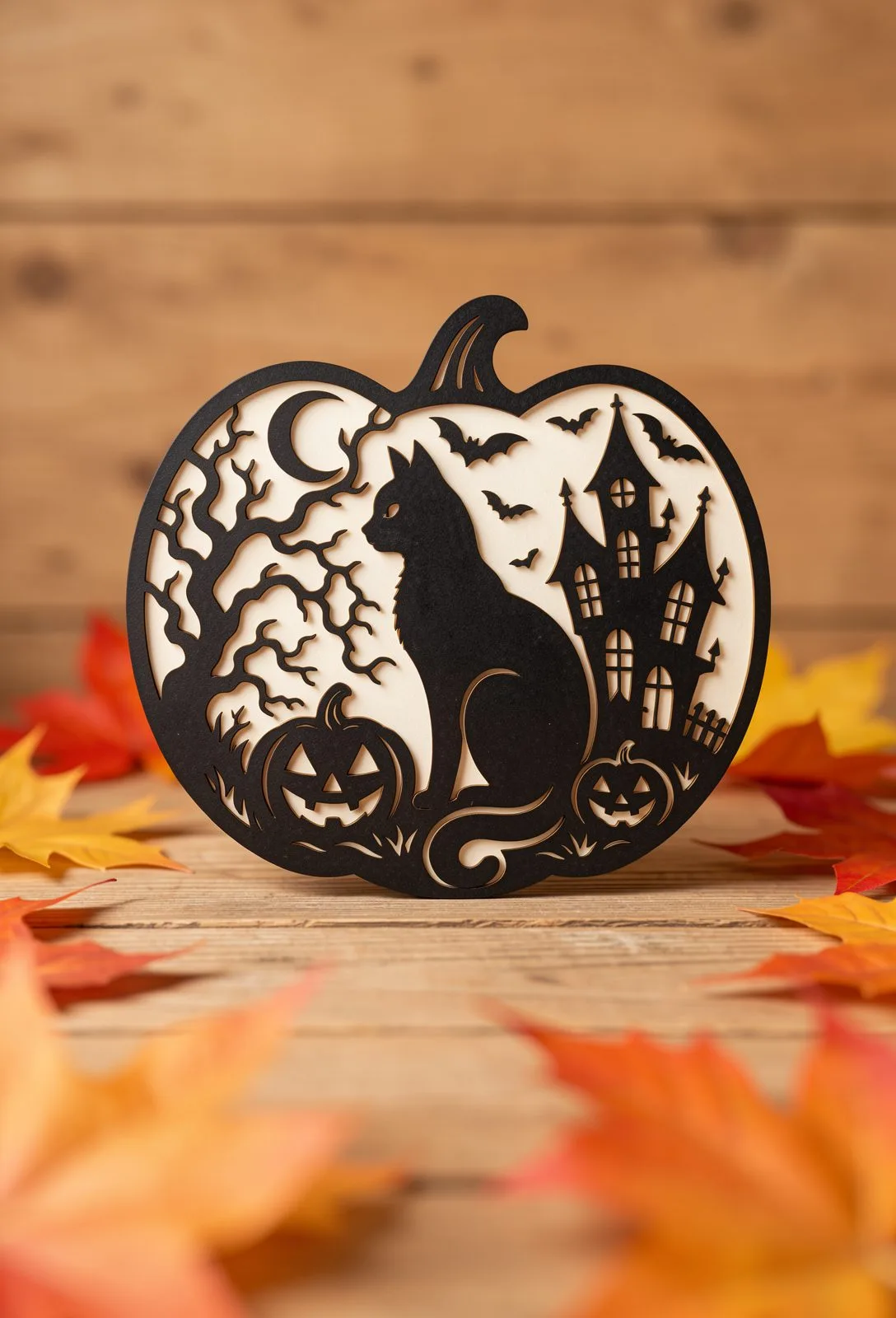 Pumpkin-shaped wood panel with a sitting cat, haunted house and crescent moon, Halloween cat laser cut SVG from svgdiy.com