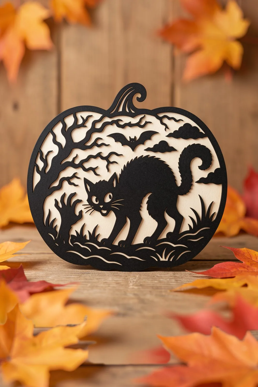 Pumpkin-shaped wood panel with a startled cat among bare branches, Halloween cat laser cut SVG from svgdiy.com