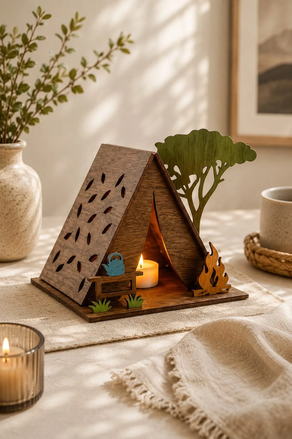 A wooden tent night light with leaf cutouts, a bench with a kettle, a campfire and a broad tree, free laser cut night light SVG from svgdiy.com
