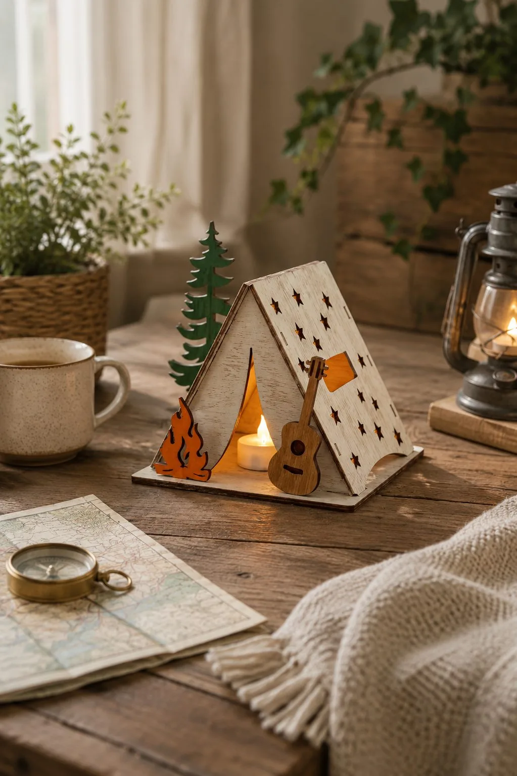 A wooden tent night light with stars, a guitar leaning against it, a campfire and a fir tree, free laser cut night light SVG from svgdiy.com