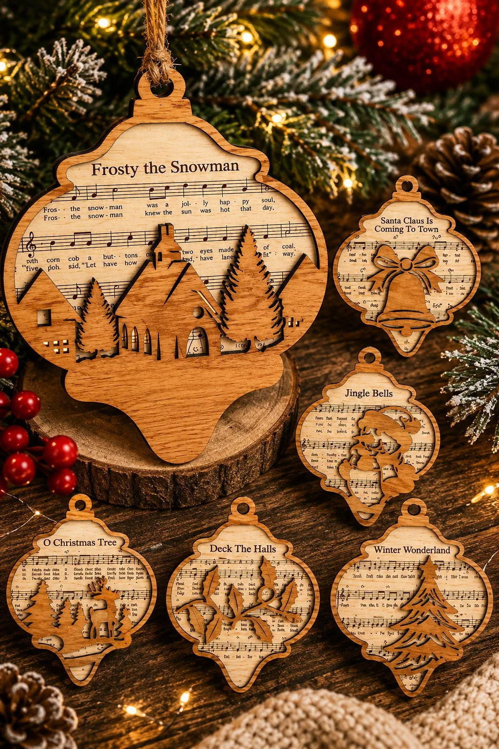 Six wooden sheet music ornaments with engraved carols and layered winter scenes, free laser cut SVG from svgdiy.com