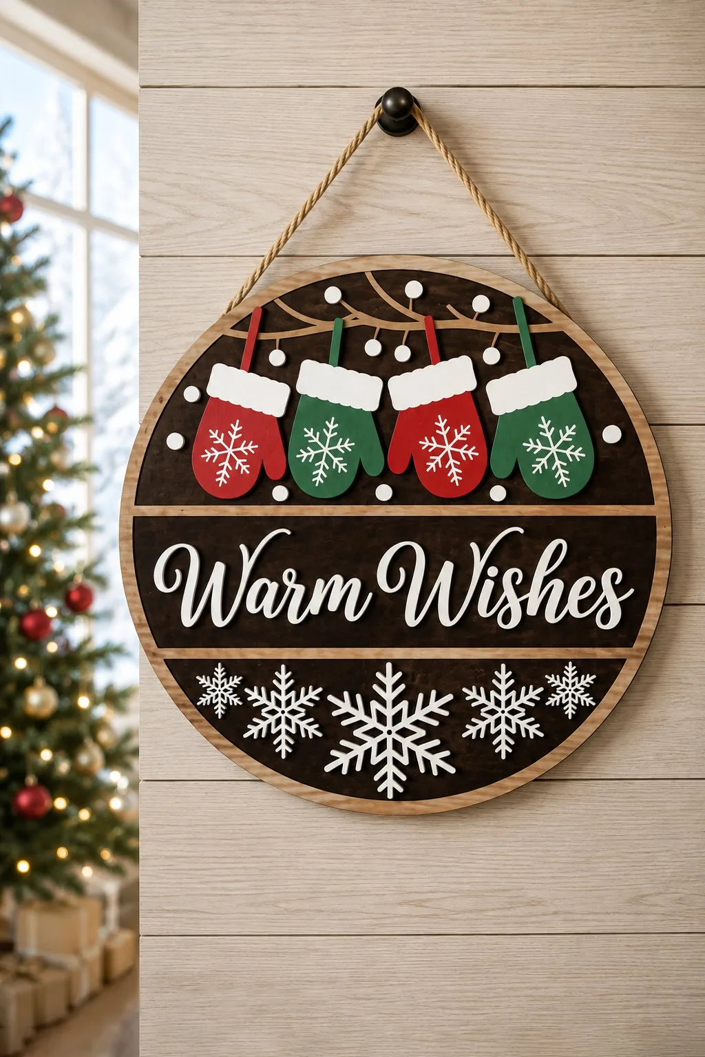 A round wooden Warm Wishes door sign with four mittens hanging from a branch, free laser cut SVG from svgdiy.com