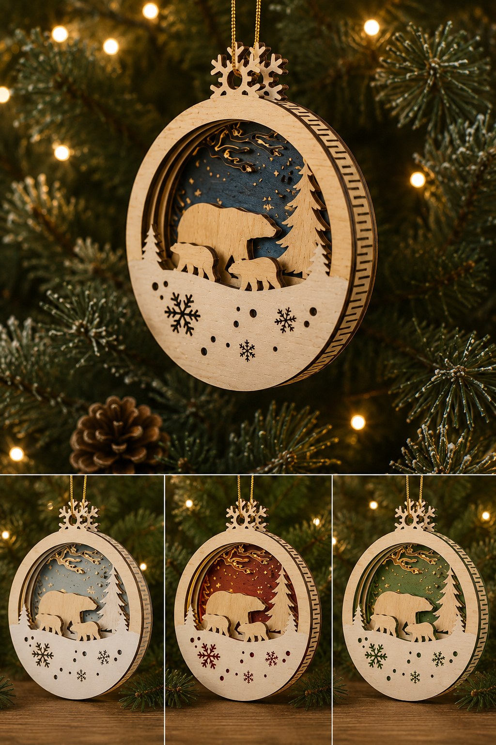 An oval wooden ornament with a layered polar bear on snow and a snowflake at the top, free laser cut SVG from svgdiy.com