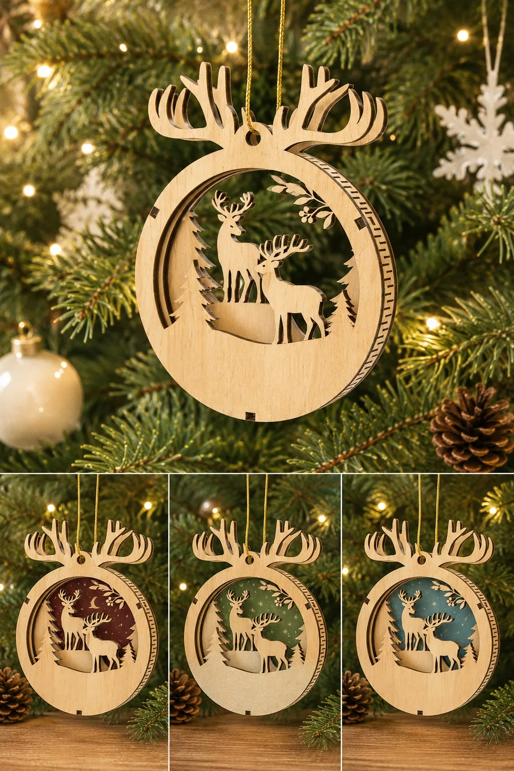 A round wooden ornament with layered deer inside a frame that turns into antlers at the top, free laser cut SVG from svgdiy.com