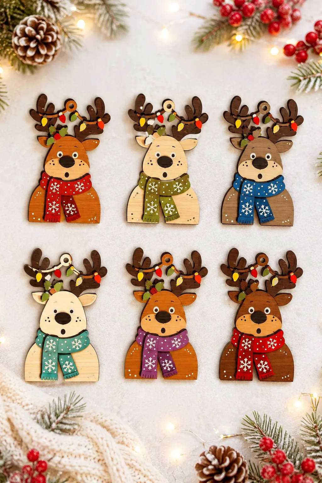 Six wooden reindeer figures with fairy lights in their antlers and snowflake scarves, free laser cut SVG from svgdiy.com