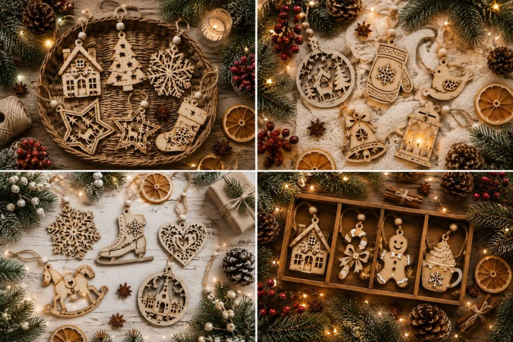 Four scenes of laser cut plywood Christmas ornaments: houses and stars in a basket, a mitten and a bell on knitwear, a snowflake and ice skates on white wood, and a gingerbread man in a wooden tray