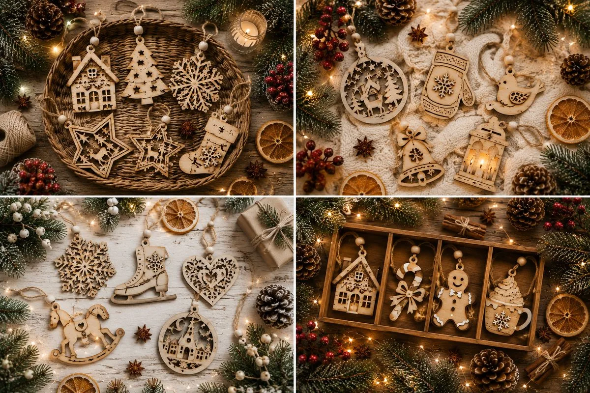 Four scenes of laser cut plywood Christmas ornaments: houses and stars in a basket, a mitten and a bell on knitwear, a snowflake and ice skates on white wood, and a gingerbread man in a wooden tray