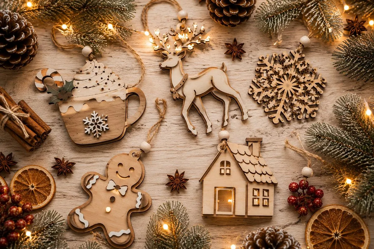 Wooden laser cut Christmas ornaments on light wood: cocoa mug, reindeer, snowflake, gingerbread man and a little house with fairy lights