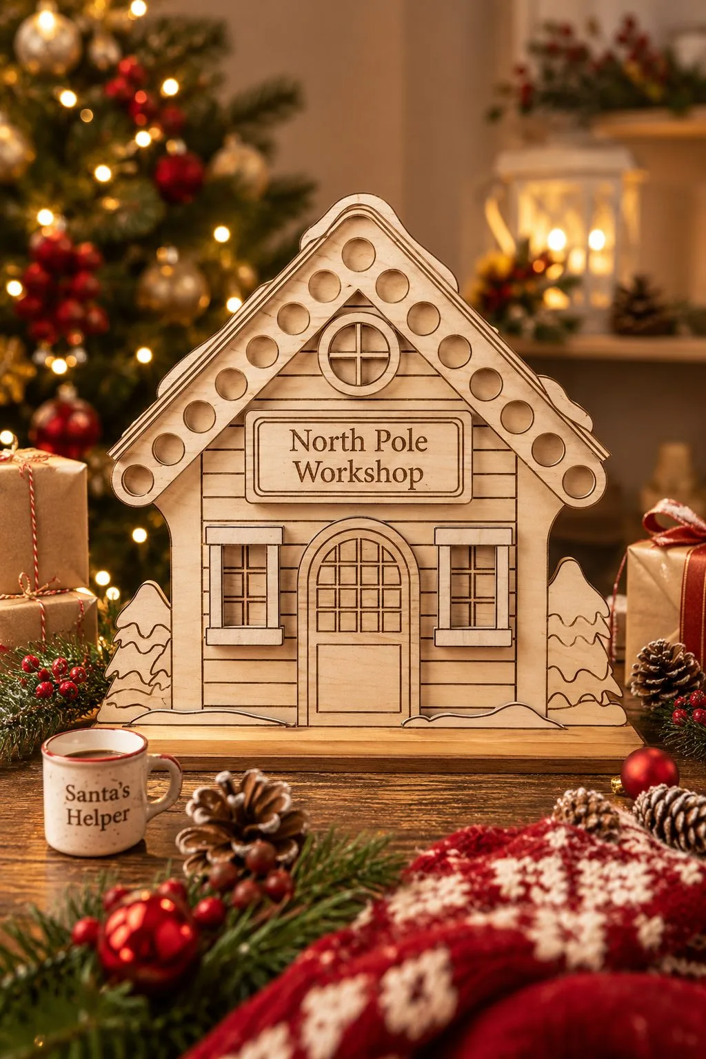 Wooden North Pole Workshop house front with an engraved sign, a round window and a row of round holes along the roof, free laser cut SVG from svgdiy.com
