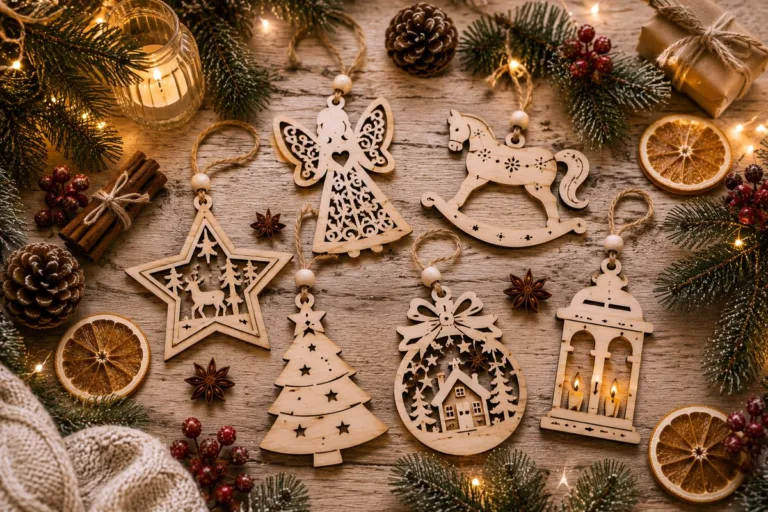 Laser cut plywood Christmas ornaments laid out on rustic wood: an angel, a rocking horse, a star with deer, a Christmas tree, a bauble with a house and a lantern with candles