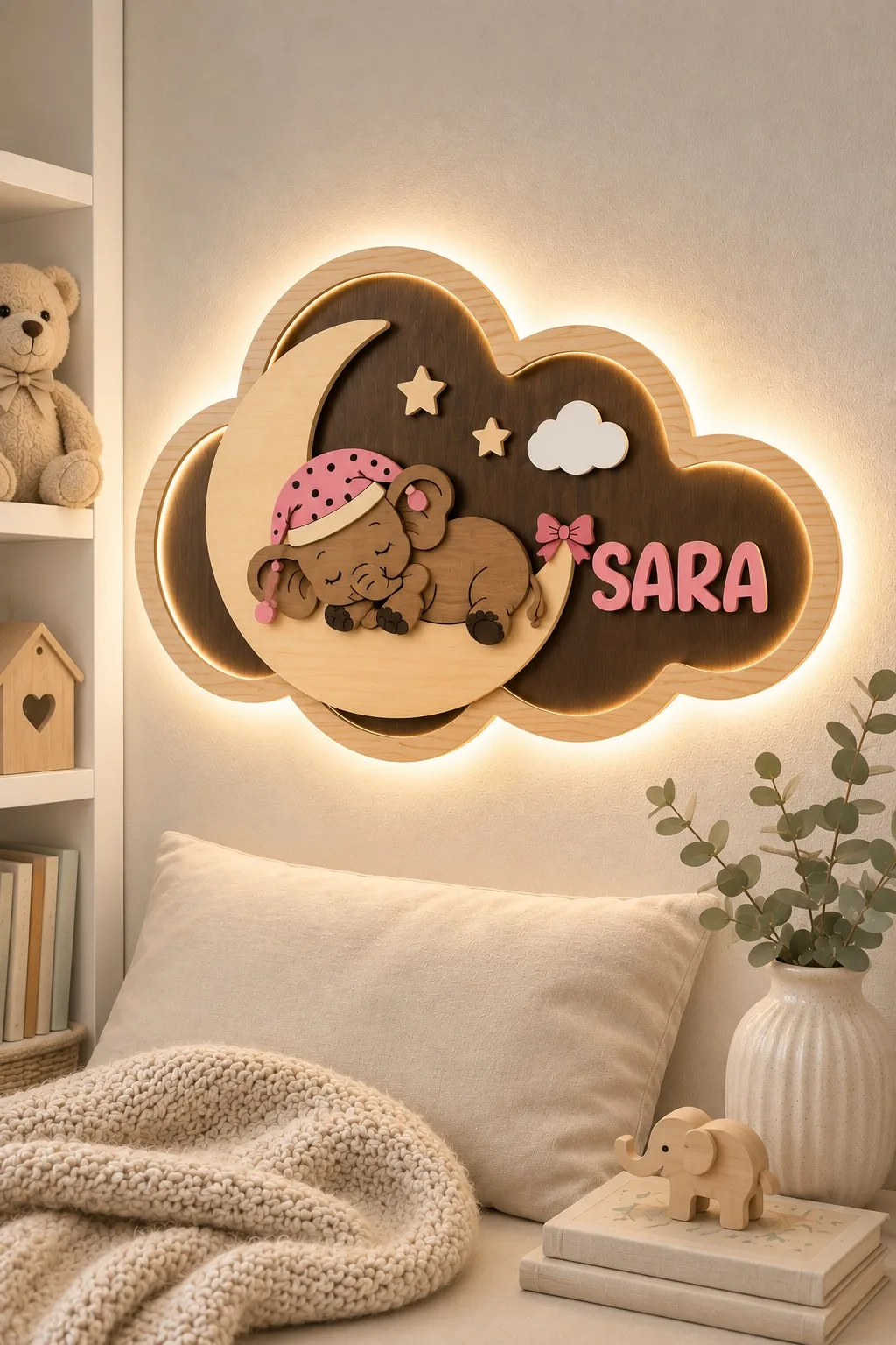 A cloud-shaped wall sign with a sleeping elephant on a crescent moon and the name SARA, backlit, free laser cut night light SVG from svgdiy.com