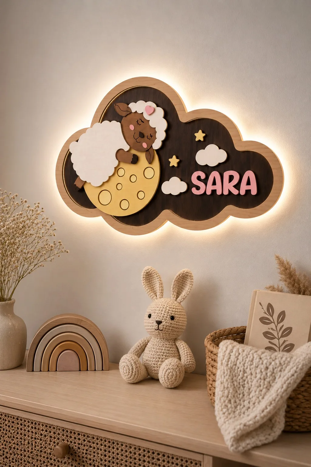 A cloud-shaped wall sign with a lamb lying on a cratered moon and the name SARA, glowing from behind, free laser cut night light SVG from svgdiy.com