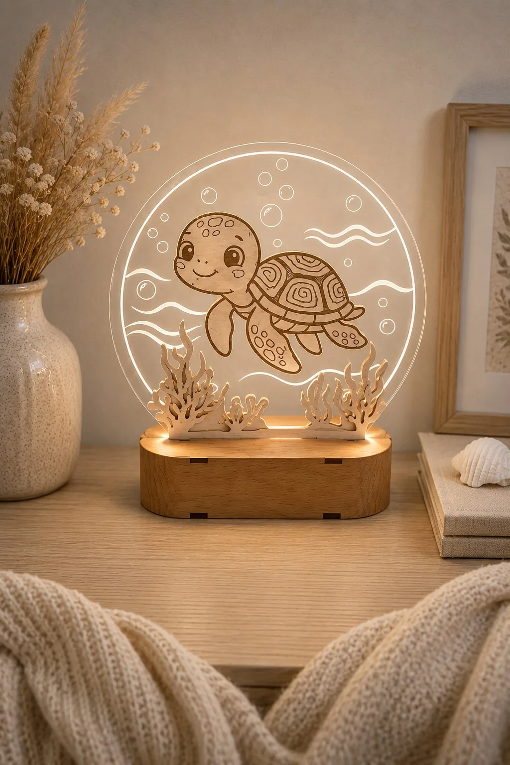A wooden turtle on a round acrylic panel with glowing engraved waves and bubbles, free laser cut night light SVG from svgdiy.com