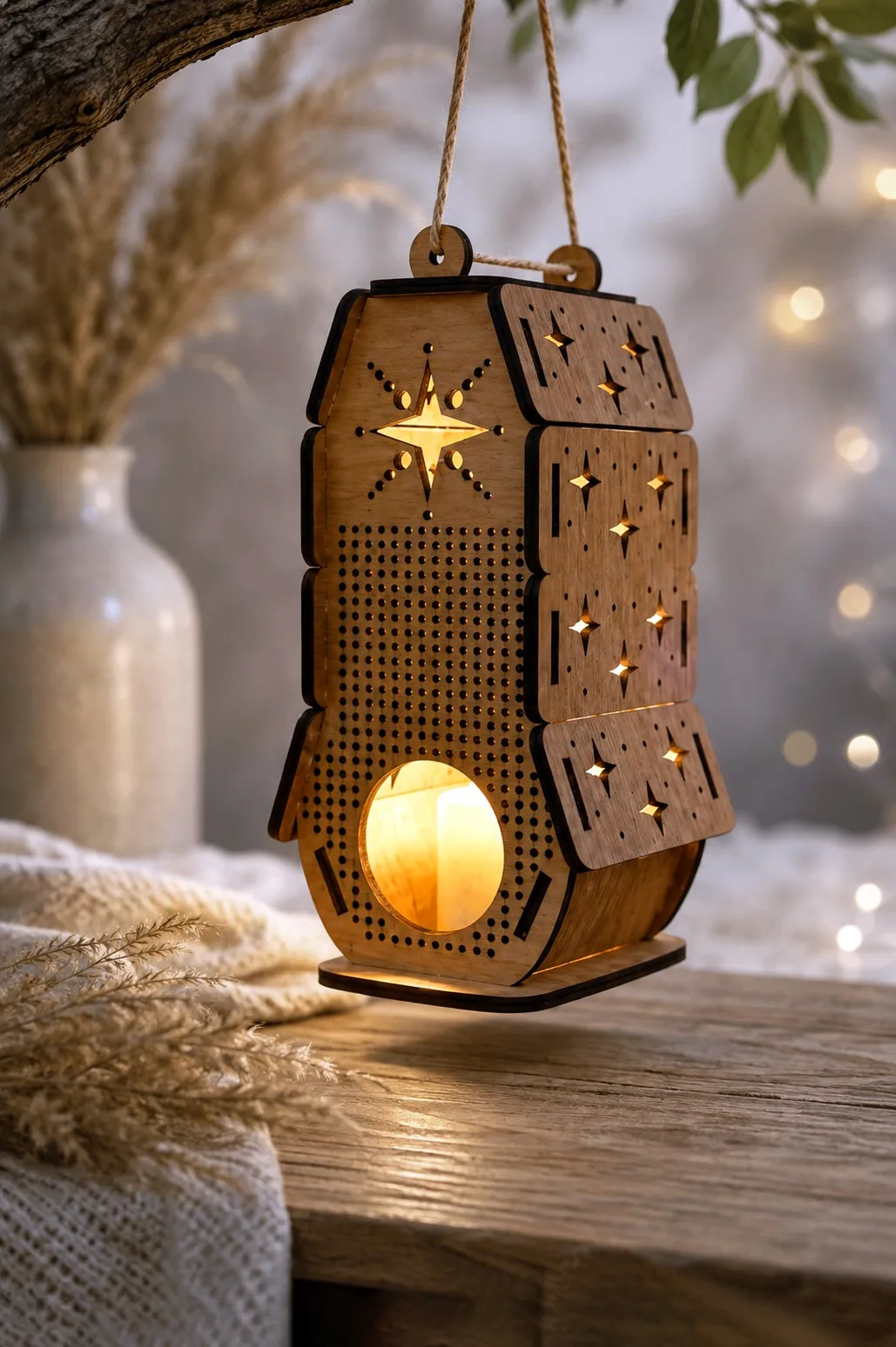 A wooden hanging lantern with an eight-point star, a dense field of drilled dots and diamond cutouts on the side panels, free laser cut lantern SVG from svgdiy.com