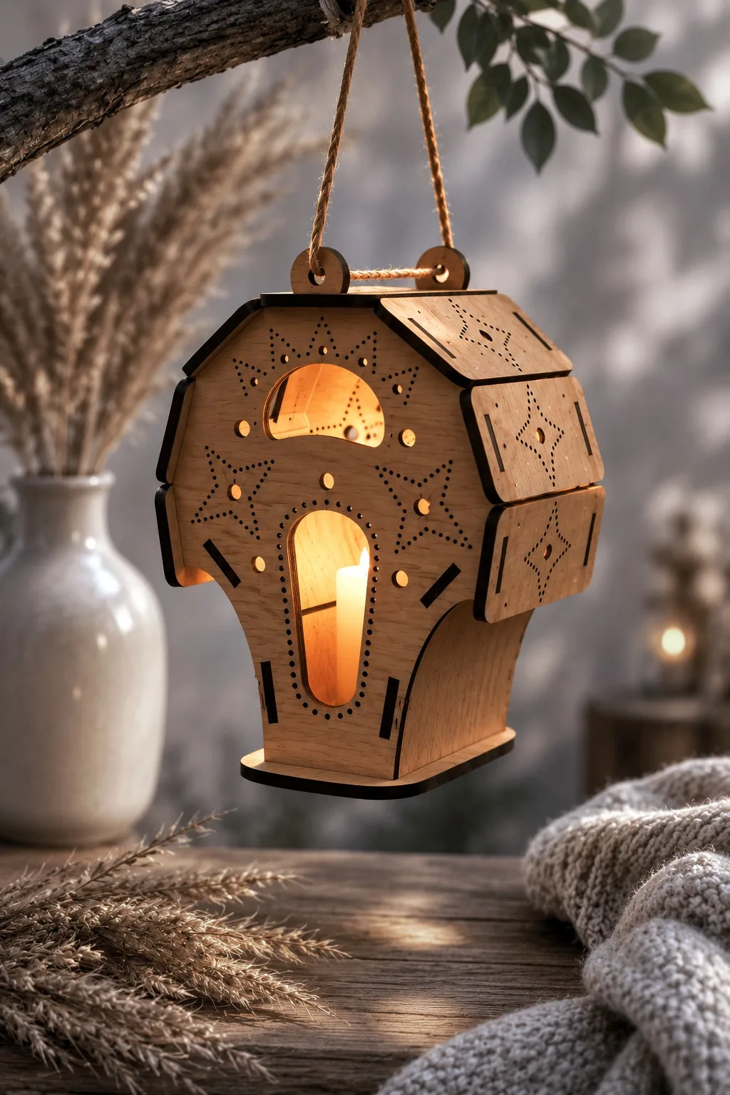 A house-shaped wooden hanging lantern with an arched door, a window above it and dotted star patterns, a candle inside, free laser cut lantern SVG from svgdiy.com