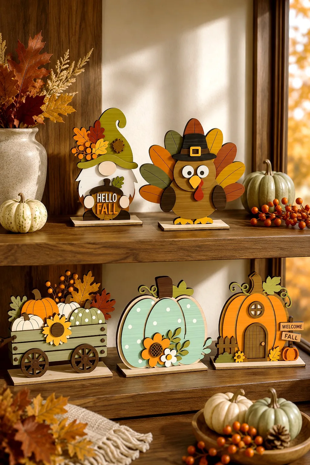 Layered wooden turkey and pumpkin shelf sitters on two shelves with a Hello Fall gnome, free laser cut SVG from svgdiy.com