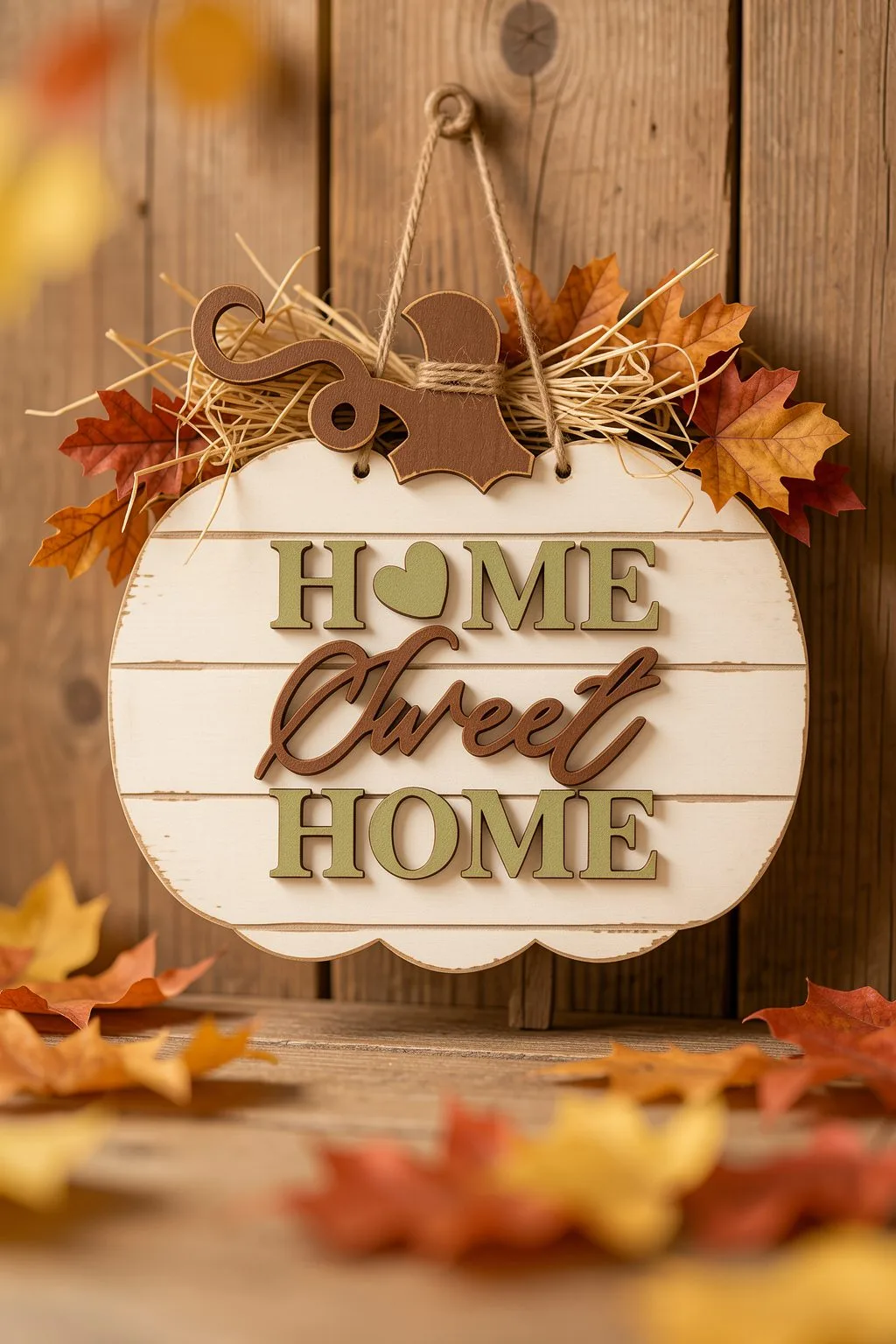 Cream pumpkin-shaped wooden sign with Home Sweet Home in sage and brown lettering, pumpkin laser cut SVG from svgdiy.com