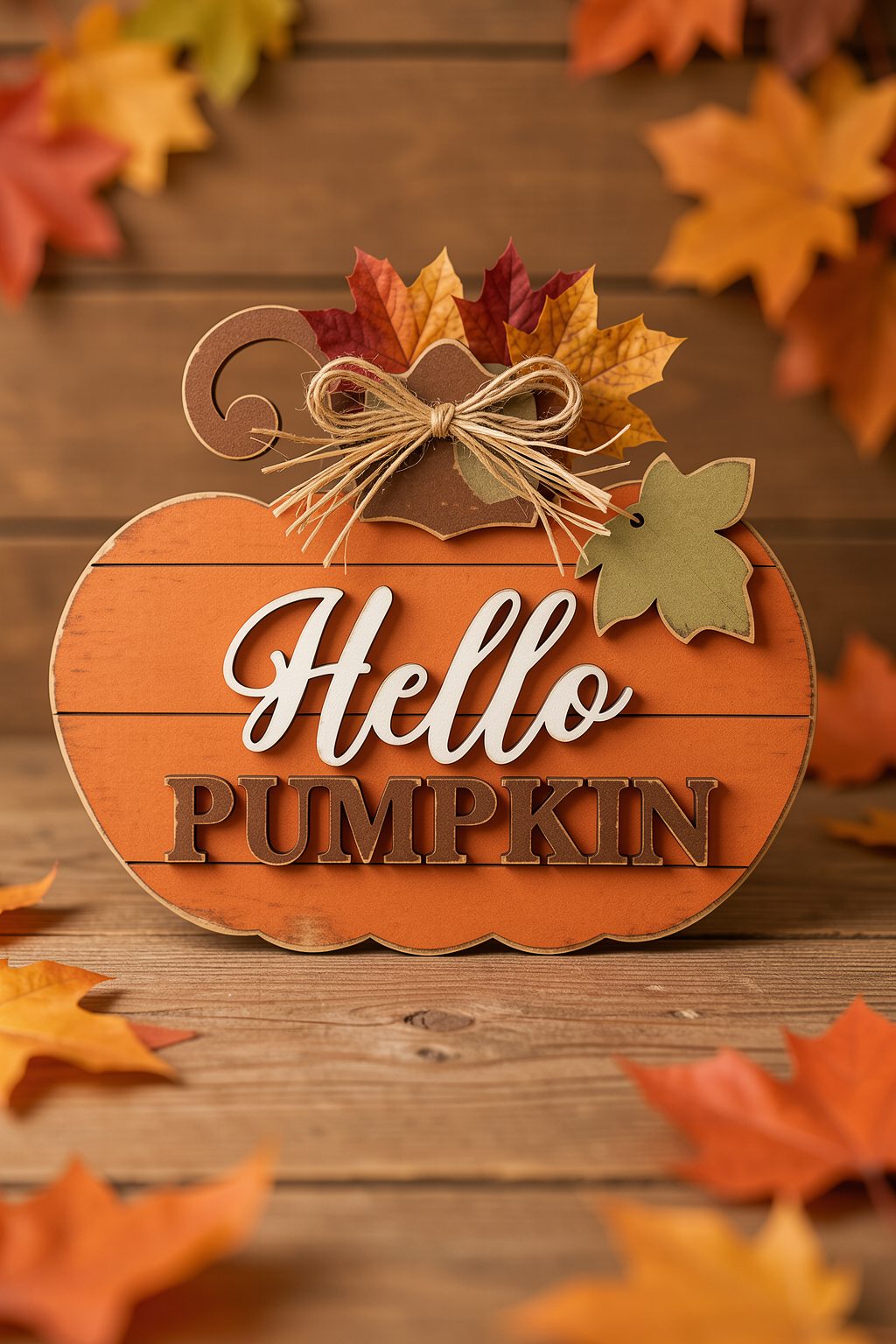 Orange pumpkin-shaped wooden sign with Hello Pumpkin in script and block letters, pumpkin laser cut SVG from svgdiy.com