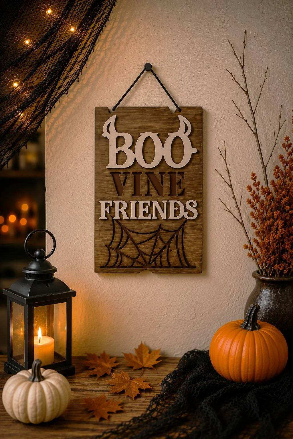Hanging wooden Boo Vine Friends sign with cow horns and a spider web, Halloween laser cut SVG from svgdiy.com