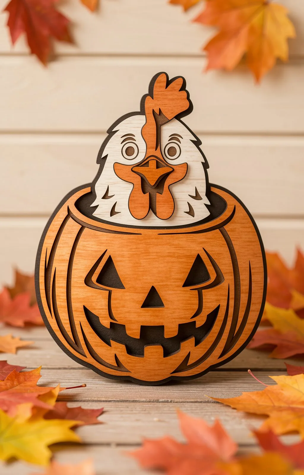 Layered wooden jack-o-lantern with a white rooster head popping out of the top, pumpkin laser cut SVG from svgdiy.com