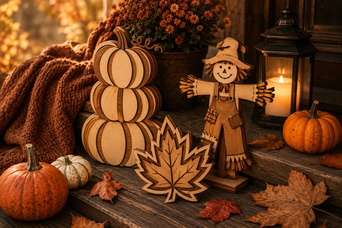 Wooden laser cut pumpkins, a scarecrow and a lantern on a porch step