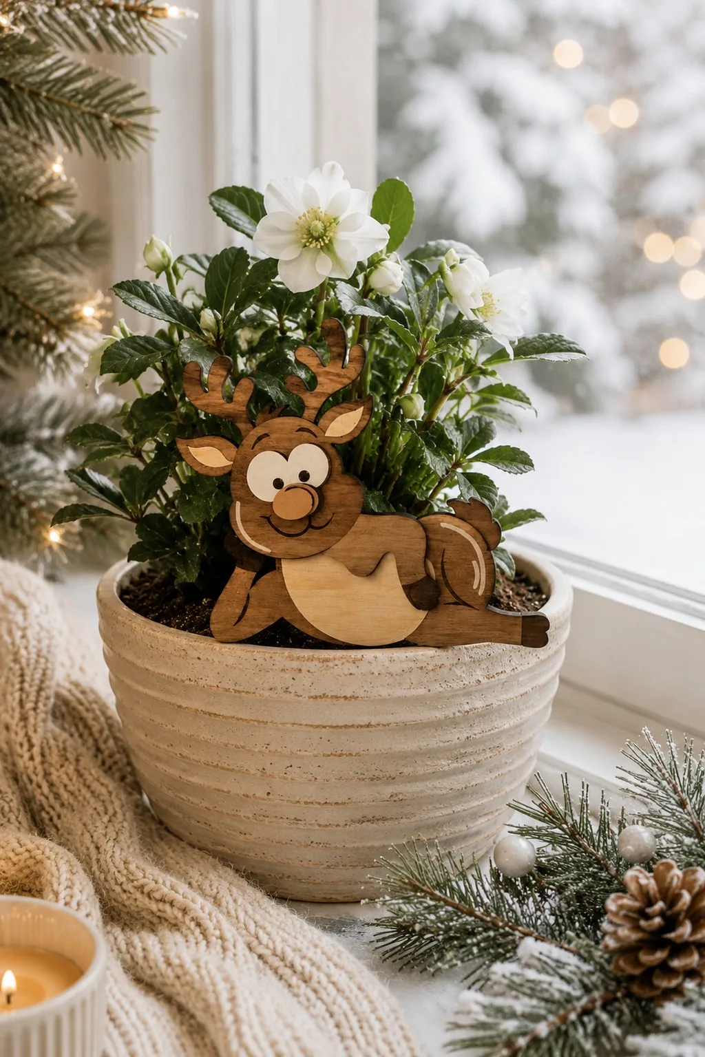 The same wooden reindeer tucked into a planter beside a window, free laser cut SVG from svgdiy.com