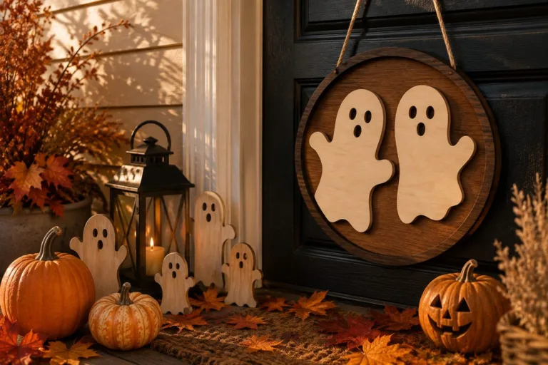 Wooden ghost door hanger and standing ghost cutouts on an autumn porch