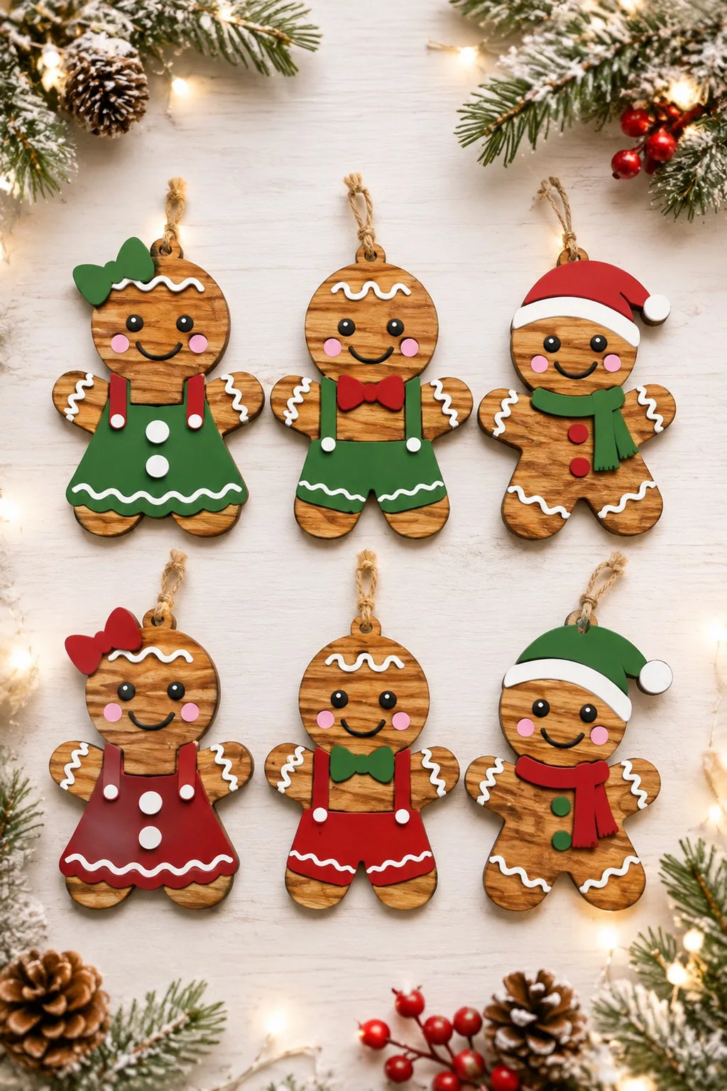 Six wooden gingerbread ornaments in red and green outfits hanging on jute loops, free laser cut SVG from svgdiy.com