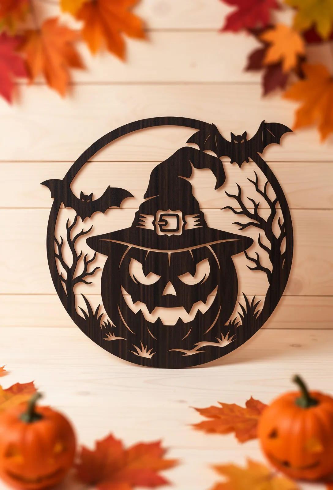 Dark wooden round with a grinning jack-o-lantern in a witch hat, bats and bare trees, pumpkin laser cut SVG from svgdiy.com