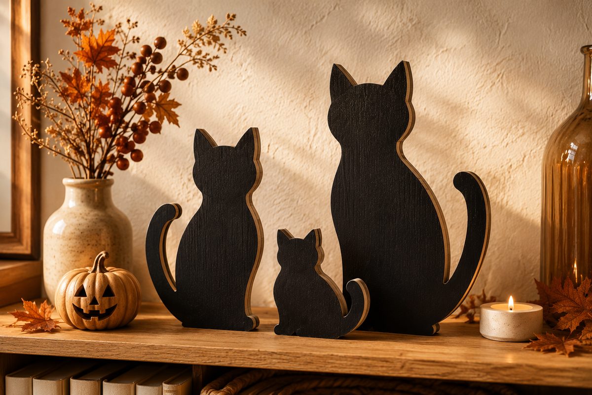 Three wooden black cat silhouettes on a shelf with a pumpkin and a candle