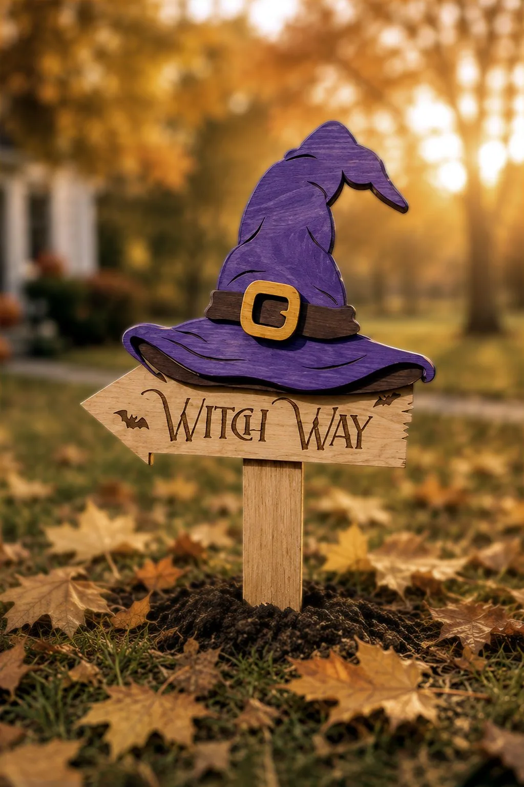 Wooden Witch Way arrow yard sign with a purple witch hat on top, spooky season laser cut SVG from svgdiy.com