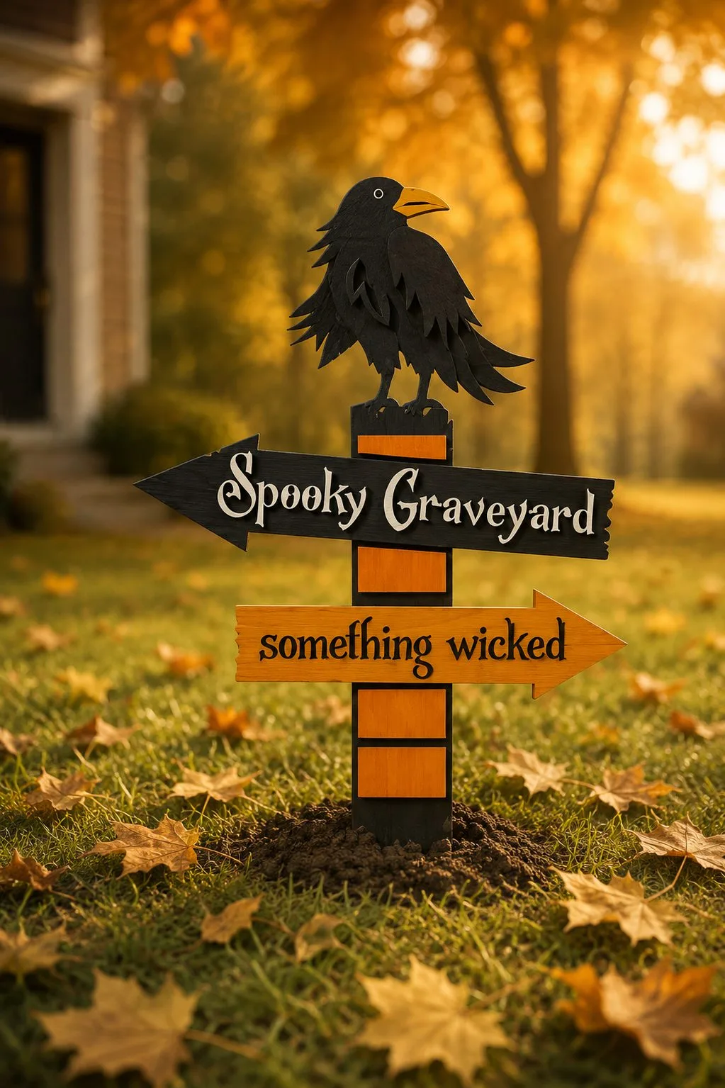 Black and orange wooden Spooky Graveyard arrow yard sign with a raven perched on top, spooky season laser cut SVG from svgdiy.com