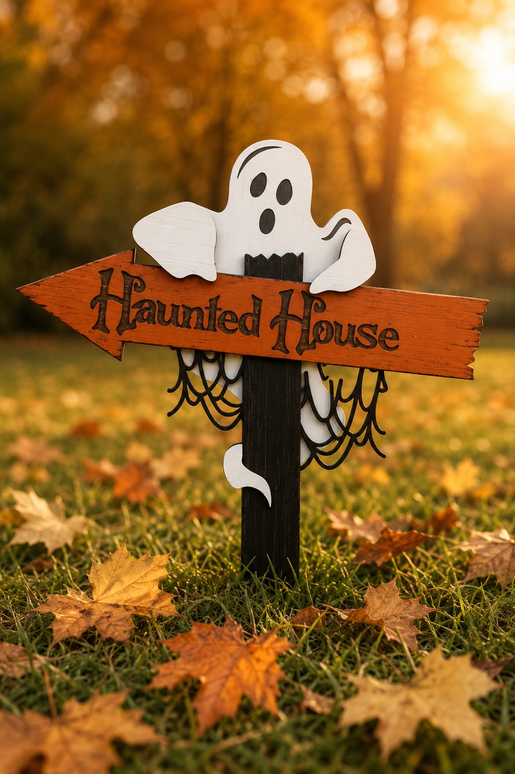 Orange wooden Haunted House arrow yard sign with a white ghost hugging the board, spooky season laser cut SVG from svgdiy.com