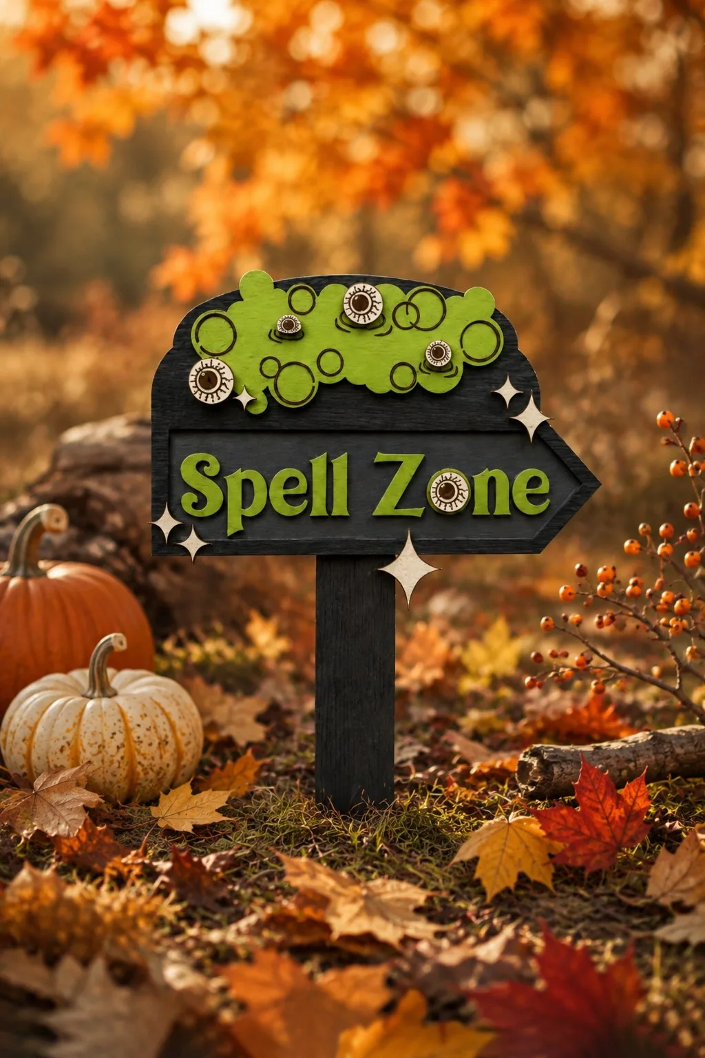 Dark wooden Spell Zone arrow yard sign with green slime and eyeballs across the top, spooky season laser cut SVG from svgdiy.com