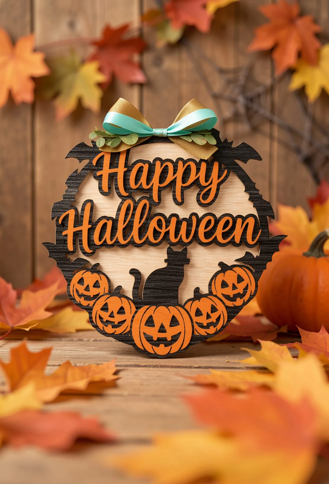 Round Happy Halloween sign with a black cat sitting among carved pumpkins, Halloween cat laser cut SVG from svgdiy.com