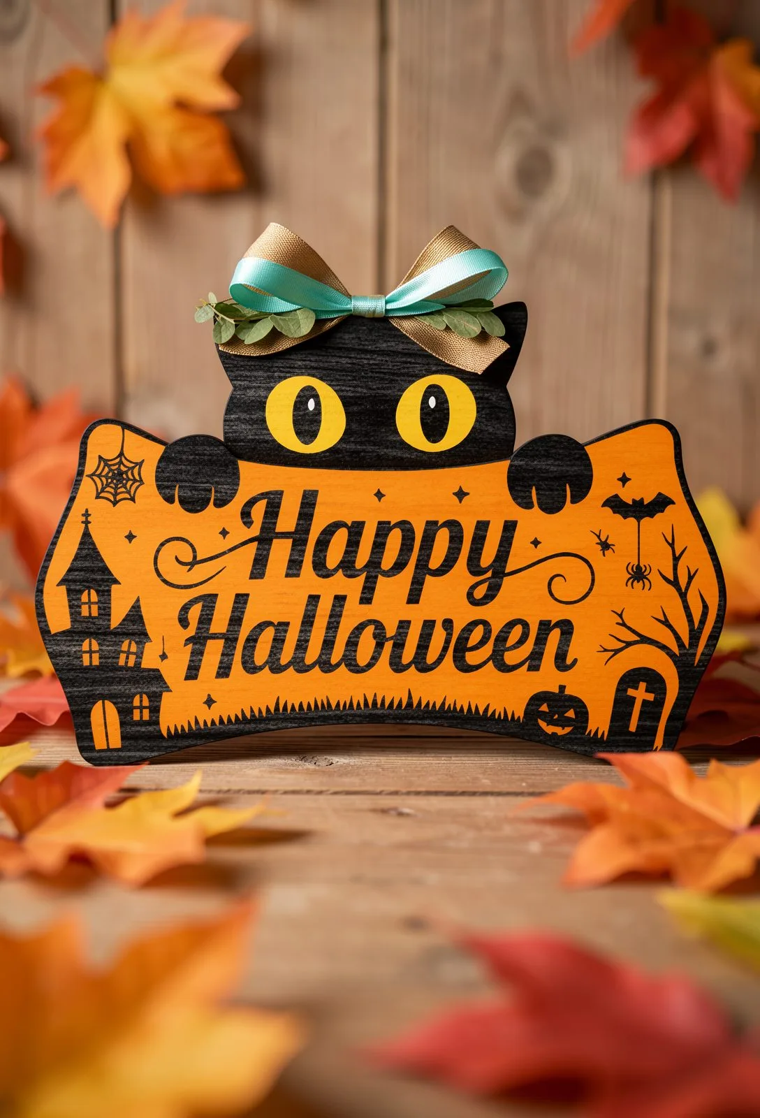 Standing Happy Halloween sign with a black cat peeking over the top, Halloween cat laser cut SVG from svgdiy.com